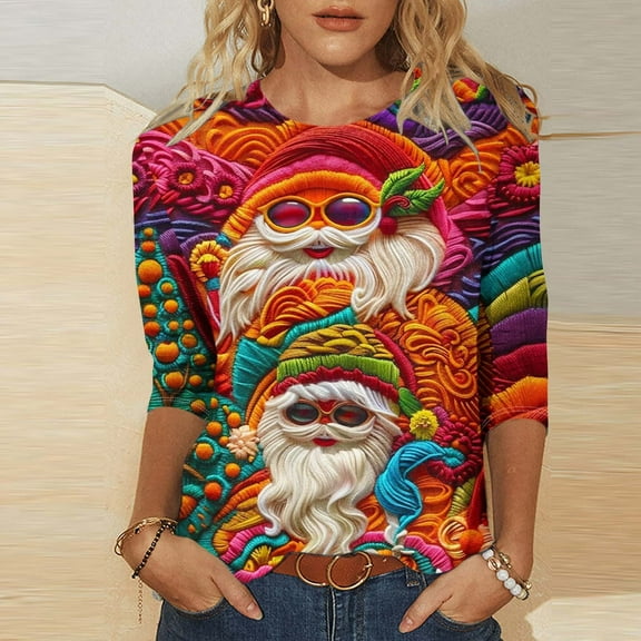 AGWOLF Ugly Christmas Sweatshirts for Women 3D Digital Santa Claus Plus Size Pullover Crew Neck 3/4 Sleeve Xmas Tops Funny Holiday Festival Shirts