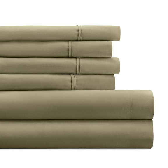Queen, Sage Solid Microfiber 6 Piece Bed Sheet Set, by Noble Linens