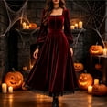 thumbnail image 2 of Huowey Halloween Witch Women Vampire Gothic Dresses Elegant Cosplay Party Gown Lace Square Neck Long Sleeve Eye-Catching Photo Dress,Red,M, 2 of 4