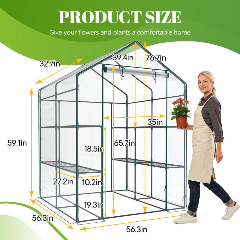 Gianna Mini Walk-in Greenhouse Plant Tent with 5/8" Powder-Coated Steel Frame & 22Lbs Capacity Shelves, Weather-Resistant for Outdoor Gardening, 56.3" x 56.3" x 76.77"，Clear