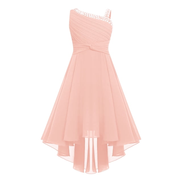 Miaeowve Robe Haute Basse à Sequins pour Filles Robe Formelle de Mariage Sans Manches en Chiffon Froncé Rose 12