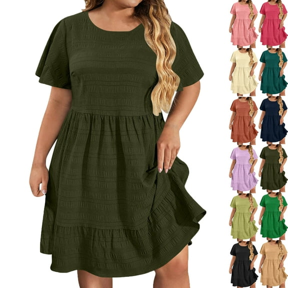 Lenago Midi Dresses for Women Oversize Fit Short Sleeves Crew Neck Dress Pleated Women's Knee Length Dress Summer Beach Vacation Outfit Plus Size Available L-XXXXXL