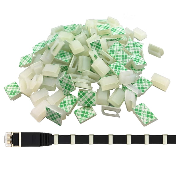 Ethernet Cable Clips, 60 Pack 8mm Self-Adhesive Wire Clips, Cord Clamp Cable Management for Cat6 Cat5 and Cat7 Flat Ethernet Cable(White)