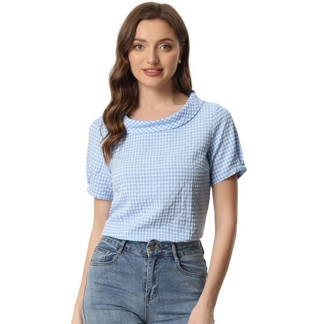 Top a cuadros de manga corta con cuello redondo de los años 50 para mujer Azul L