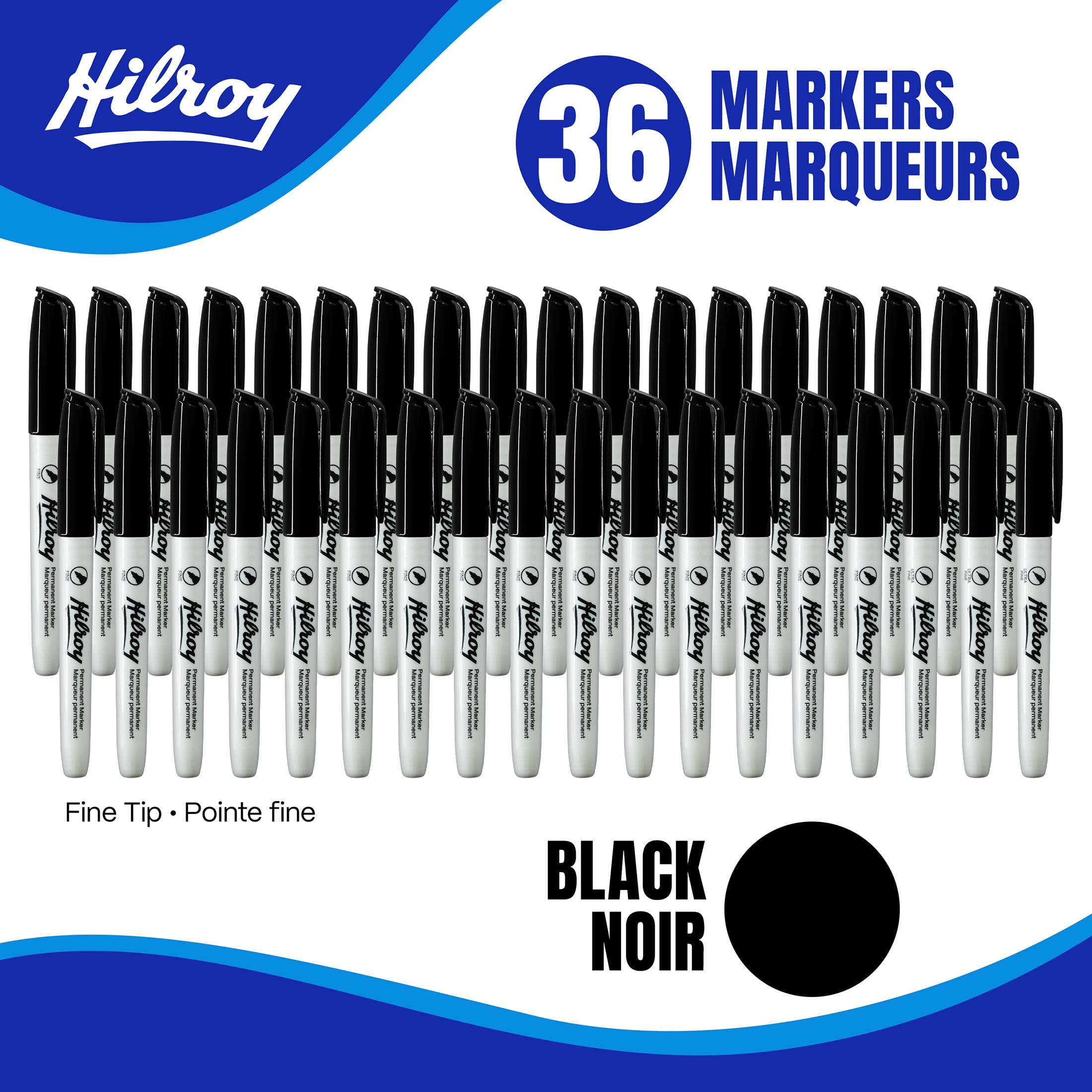 Hilroy Permanent Markers, Permanent Marker, Low Odour Ink, Fine Point, Black, 36 Pack