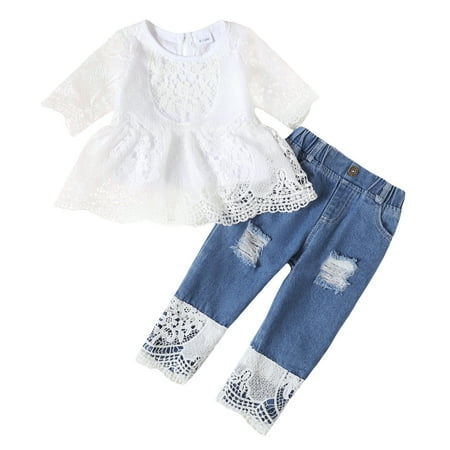 

Baby Girls Outfits Solid Color Round Neck Lace Top+Ripped Jeans Pants 2PCS Clothes Set 6-9 Months White