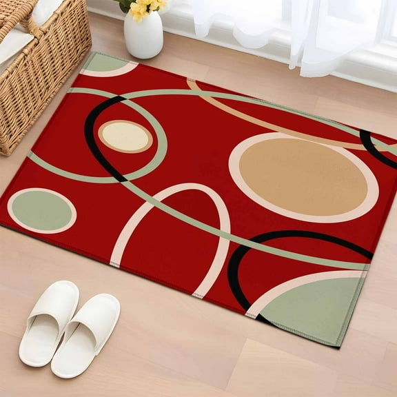 Geometric Red Bathroom Rug Washable 2x3 Entryway Rug Non Slip Boho Retro Abstract Circle Black Green Front Door Mat Low Pile Indoor Doormat Throw Floor Carpet for Kitchen Bedroom Entrance