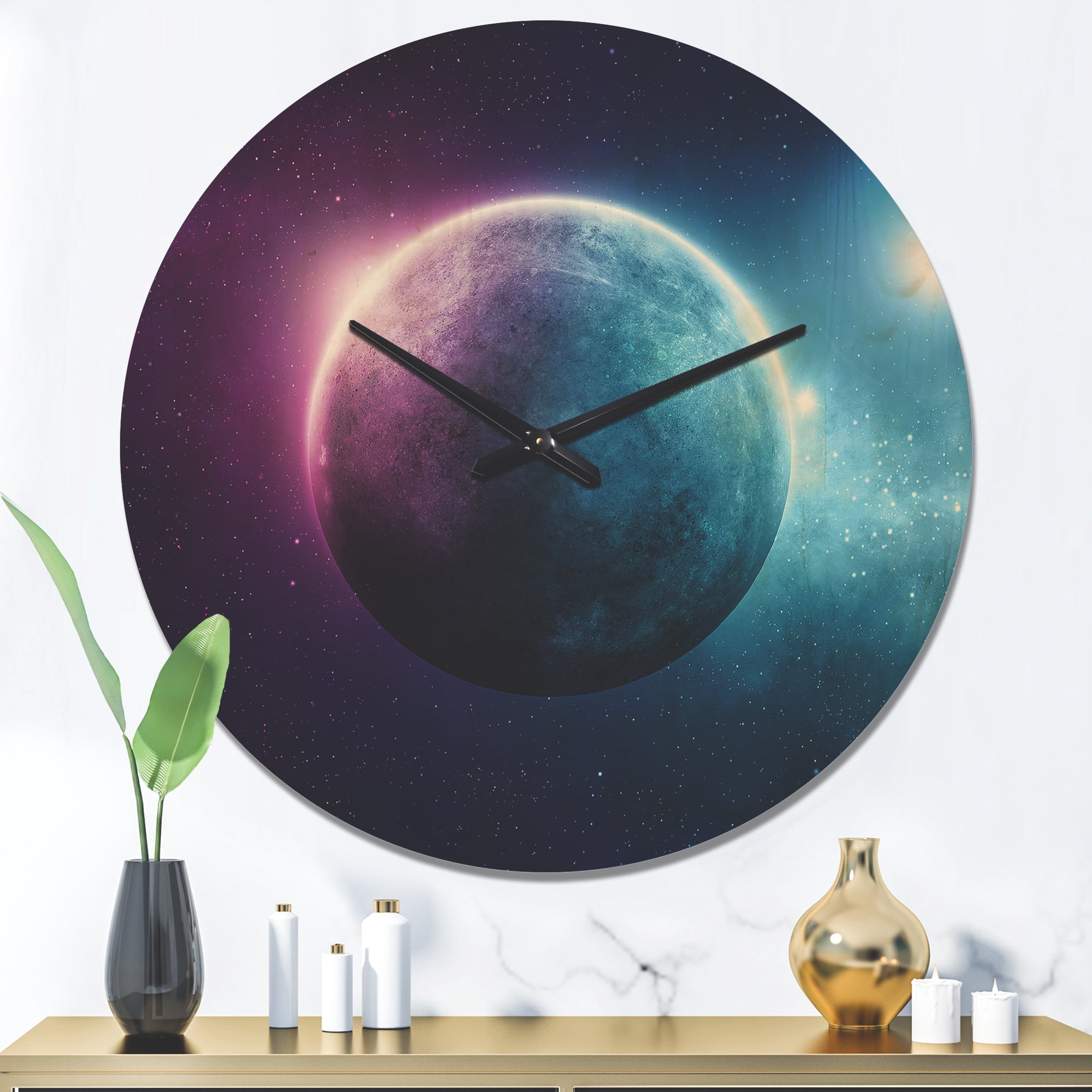 Designart 'Blue and Purple Deep Space Planet ' Modern Wood Wall Clock