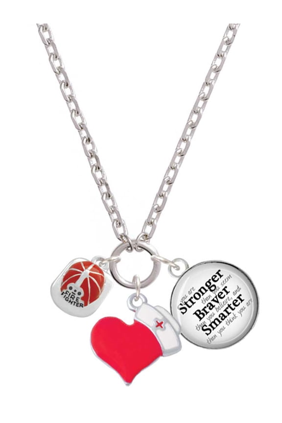 Silvertone Red Enamel Firefighter Helmet - Red Heart Nurse Strong Zoe Necklace