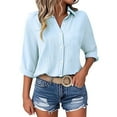 thumbnail image 5 of OIOLOYJM 3/4 Sleeve Women's Button Down Shirts Collared Textured Business Blouses Loose Fit Dressy Casual Fashion Work Tops with Chest Pocket Light Blue XL, 5 of 5