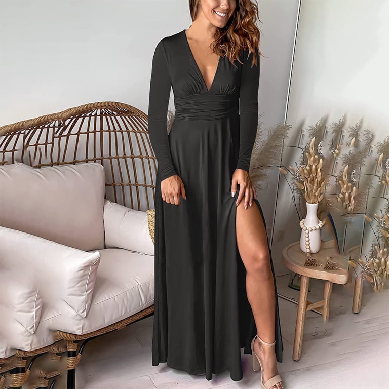 green emerald velvet dress Classy Black Prom Dress Hight Split Evening Dress C2286 – CherryPromDress main image 1