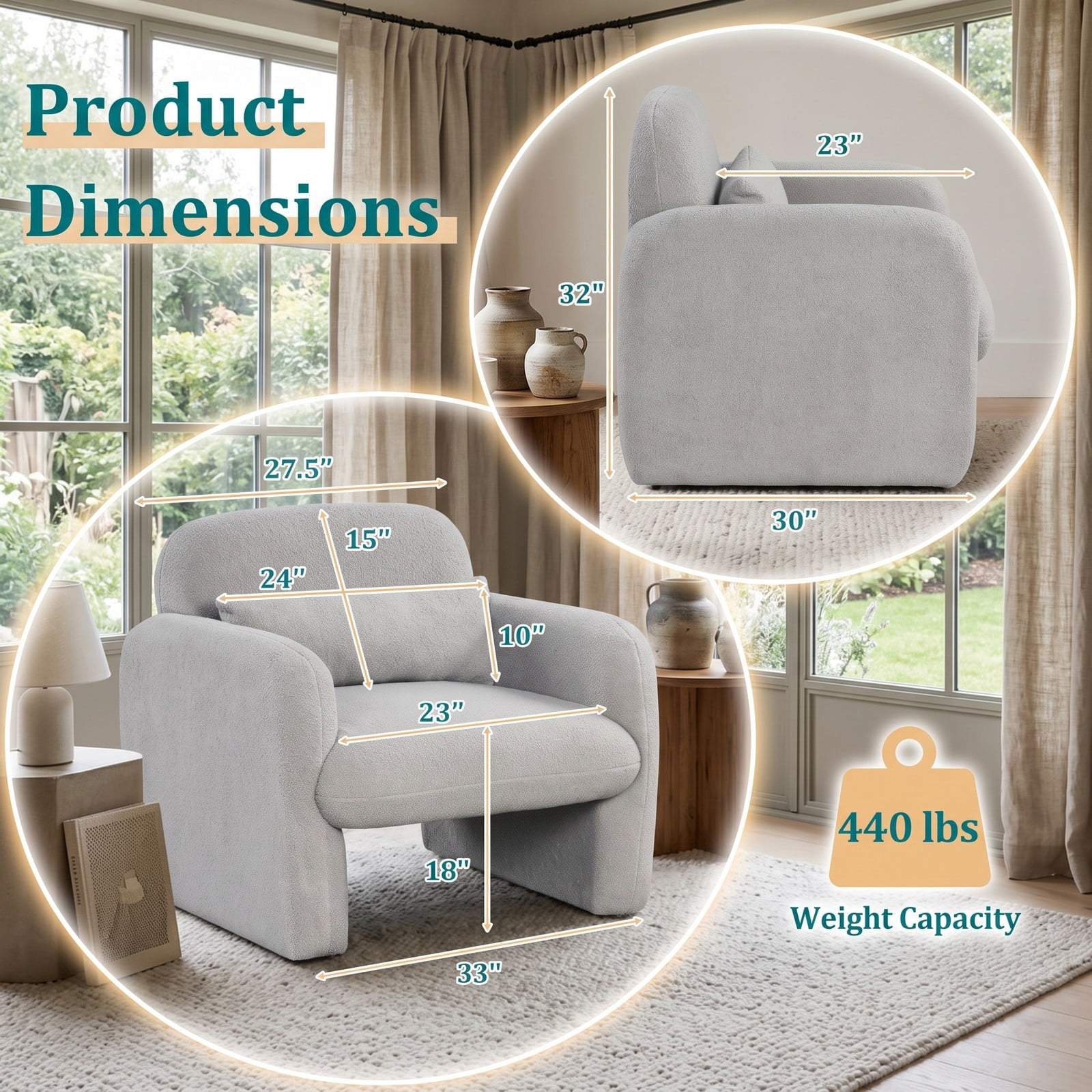 Furnibear Modern Accent Chair with Lumbar Waist Pillow and Cushioned Armrests, Soft Sherpa Upholstered Single Sofa Chair for Bedroom, Living Room, Nursery, Holds, Gray
