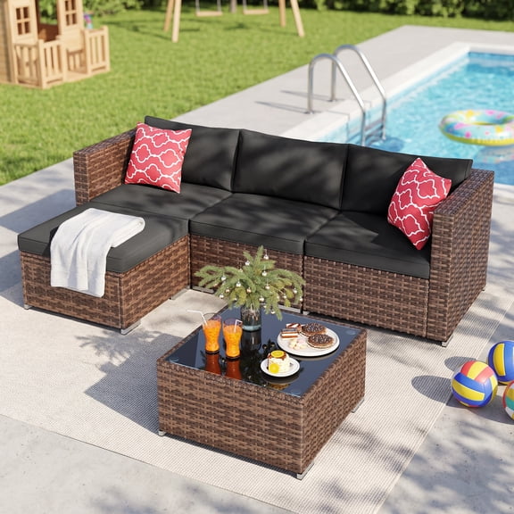 Lofka 5 Pieces Patio Wicker Furniture Set with Handwoven Rattan Chairs and Side Table for Garden & Backyard, Outdoor Black Cushion