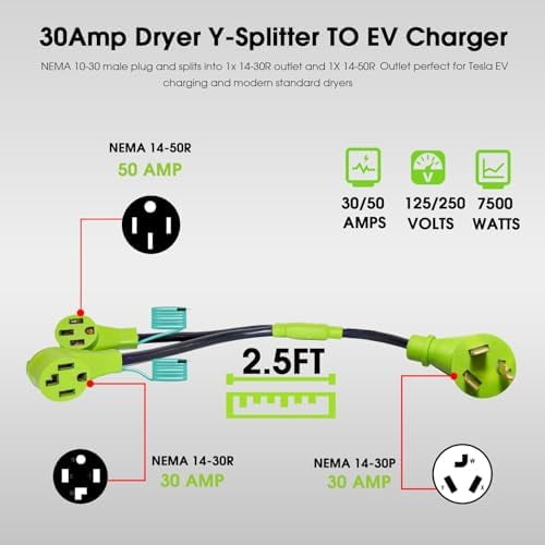 30 Amp 240V Y Splitter for Dryer and EV Charger, 3 Prong NEMA 10-30P to 14-30R/14-50R Dryer Adapter, Adapter for 14-50P EV Charging and Modern Standard Dryers,STW 3/10 AWG, 2.5FT