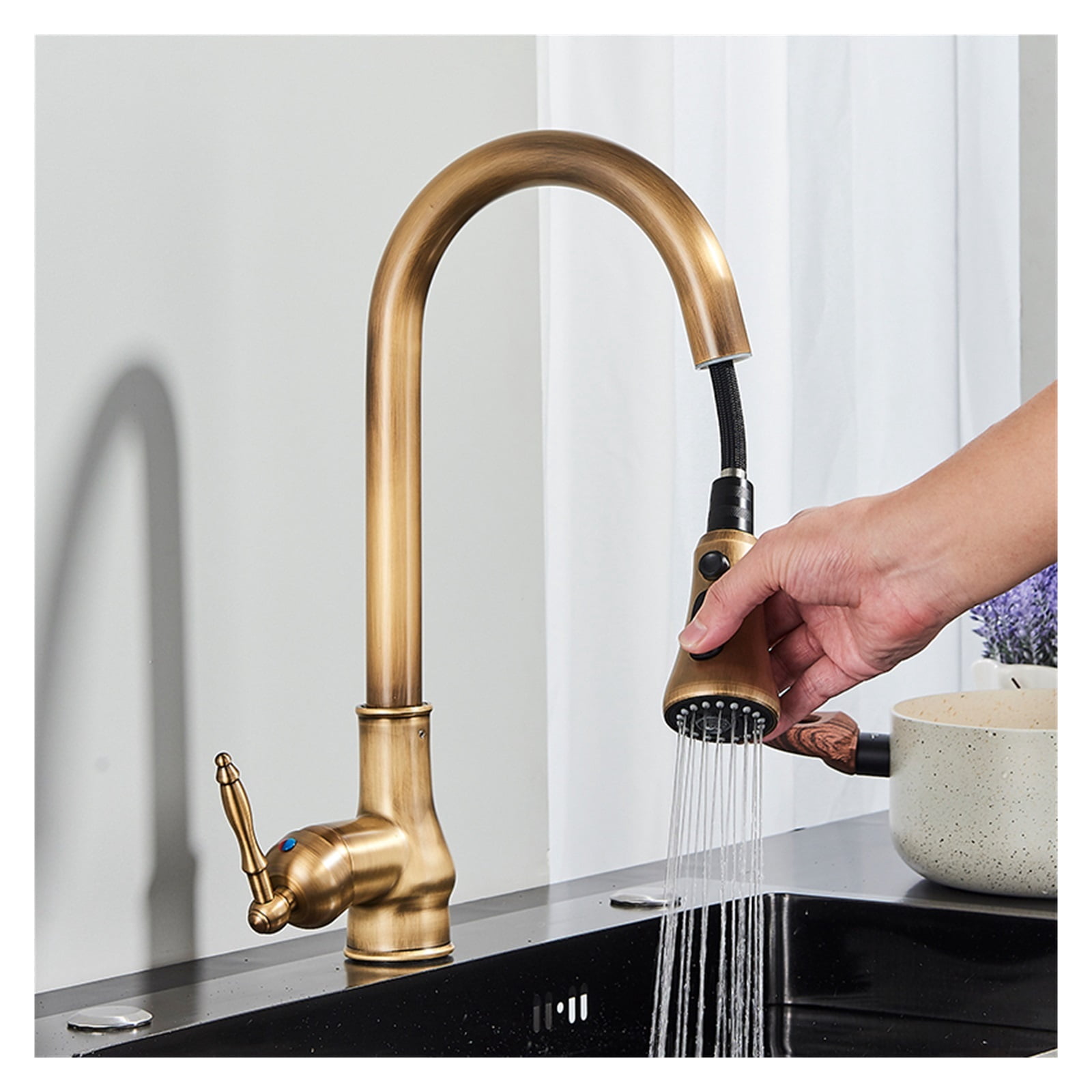 Antique Brass Kitchen Faucet Pull Out Kitchen Sink Faucet Single Handle Faucet 360 Rotate Kitchen Tap Hot Cold Water Mixer Crane ,Easy to Install