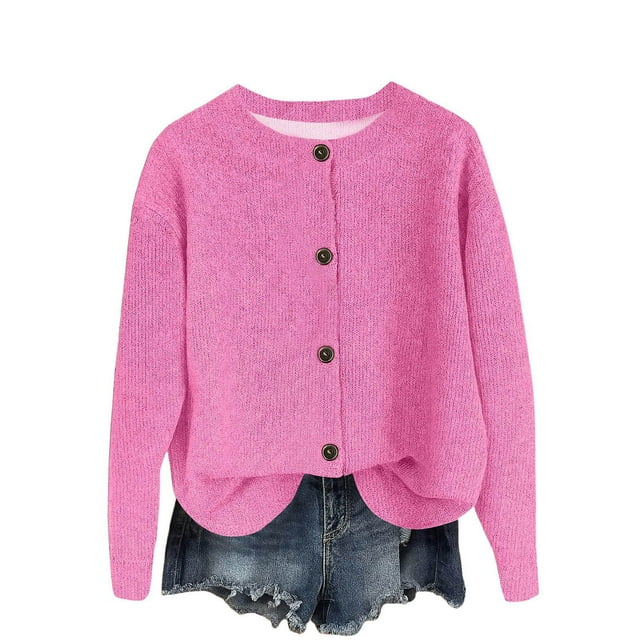 Lmnyox Button Down Cardigan for Women Solid Long Sleeve Crew Neck Knit Tops Fall Winter Fashion Sweaters