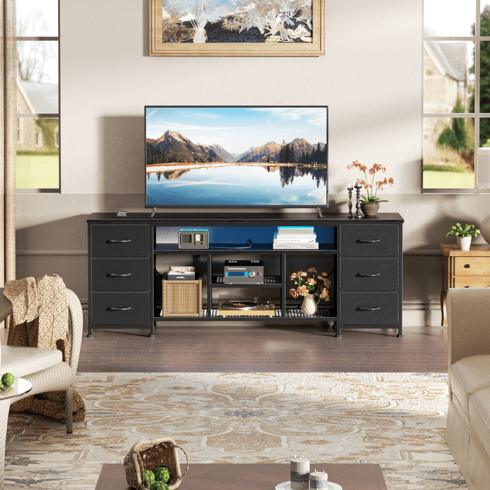Tydimor Modern TV Stand for 65-70 inch TVs, LED Entertainment Center with Power Outlets and 6 Drawers, Media Console with Storage for Living Room, Black