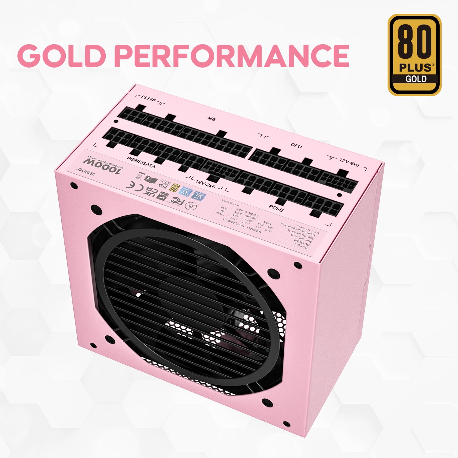 Vetroo 1000W Pink Power Supply ATX 3.1 Ready Dual PCIe 5.1, 80 Plus Gold Full Modular, Japanese 105°C Capacitors, Eco Mode with 120mm FDB Fan, Compact Size, 10 Year After-Sales Service
