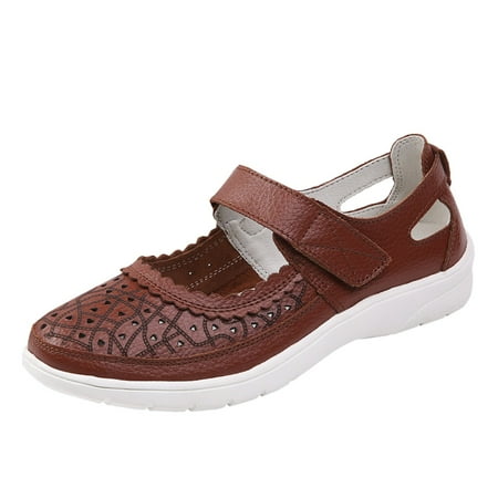 

Cathalem Women Sandals Comfortable Casual Cow Leather Hollowed Out Mother Shoes Hole Type Sandals Carved Flat Women Shoes Coffee 41