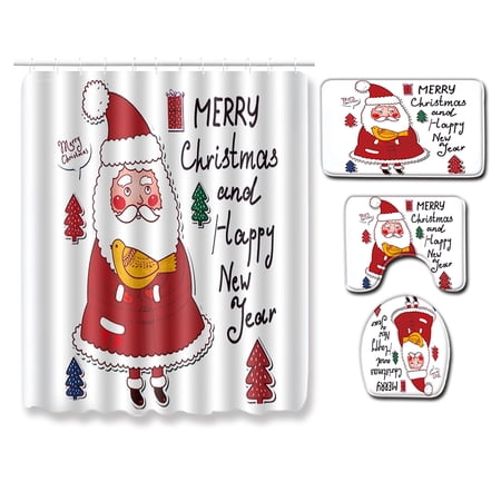 Fanvereka Merry Christmas Shower Curtain Sets for Bathroom 4 Pcs Xmas Shower Curtain Non-Slip Bathroom Rugs Lid Toilet Cover Bath Mat Santa Claus Christmas Tree Elk Snowman Carpet Decor Elk