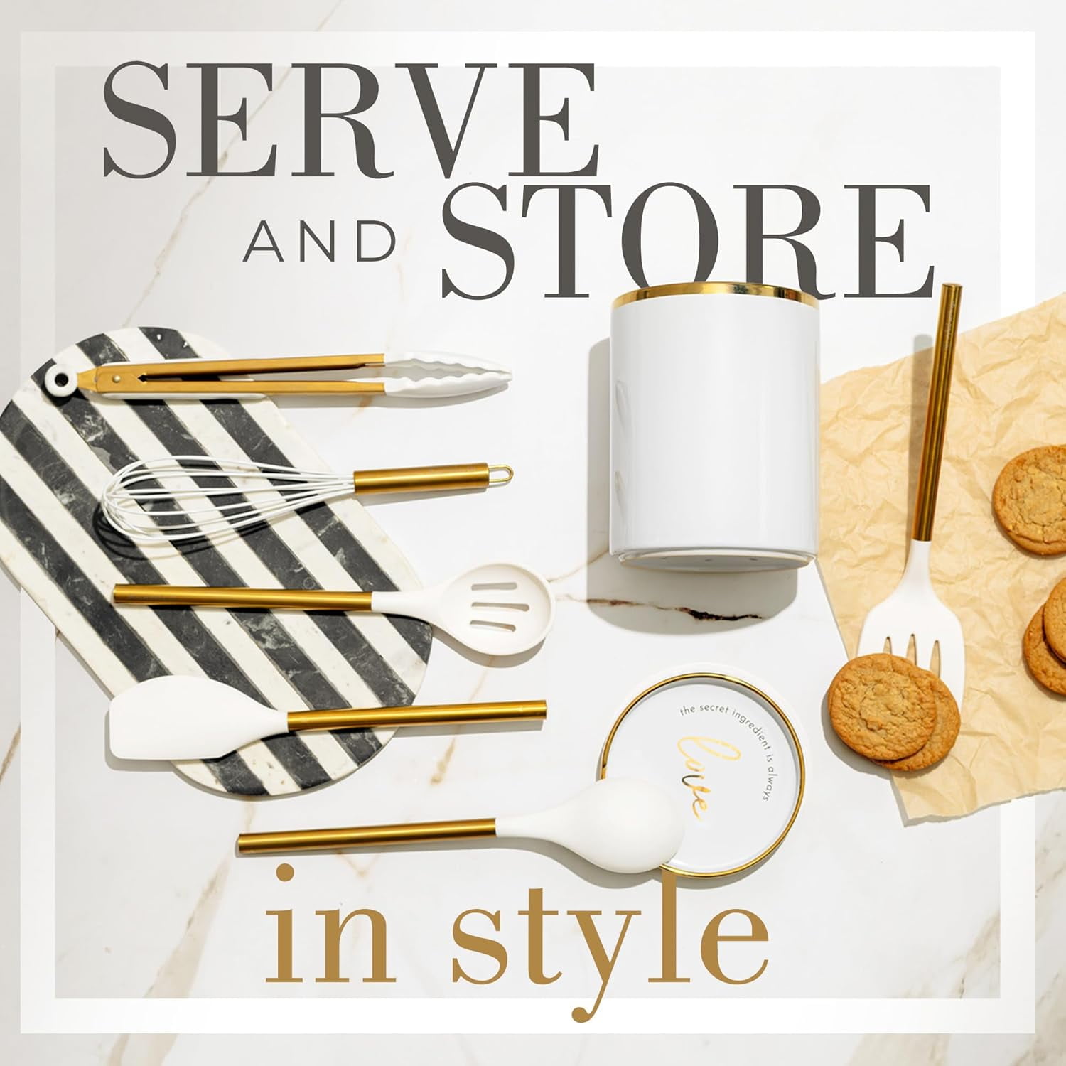 Styled Settings 8 Piece White and Gold Kitchen Utensils Set – Silicone Cooking Utensils with Gold Handles, Ceramic Utensil Holder and Stackable Spoon Rest, Heat-Resistant and Nonstick Safe