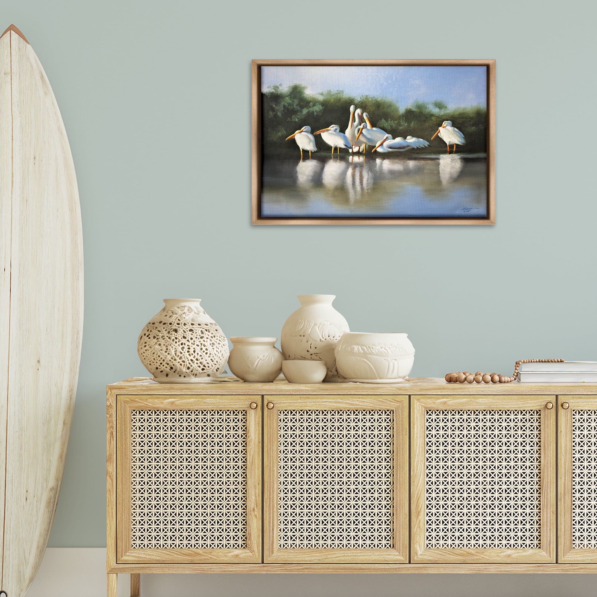 Stupell Industries White Pelicans Flock Animals & Insects Painting Brown Floater Framed Canvas Art Print Wall Art, 31 x 21