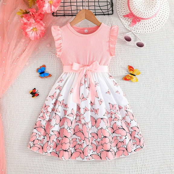Toddler Girl Dress Kids Toddler Girls Summer Round Neck Ruffle Sleeves Flowers Prints A Line Casual Dress with Bowknot Dresses for Girls Pink 5 Years-6 Years