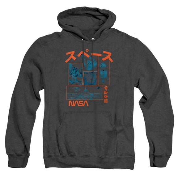NASA Japanese Retro Unisex Adult Pull-Over Heather Hoodie, Black Heather, 3X-Large