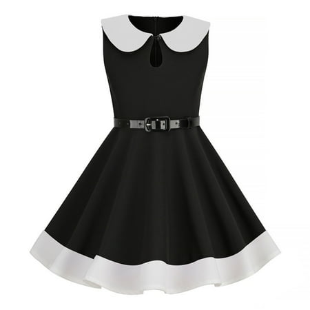 

HTGFGMGW Girls Dresses Crew Neck Dress Sleeveless Dress Vintage Children s Dress A Line Dress Girls Summer Outfits Black