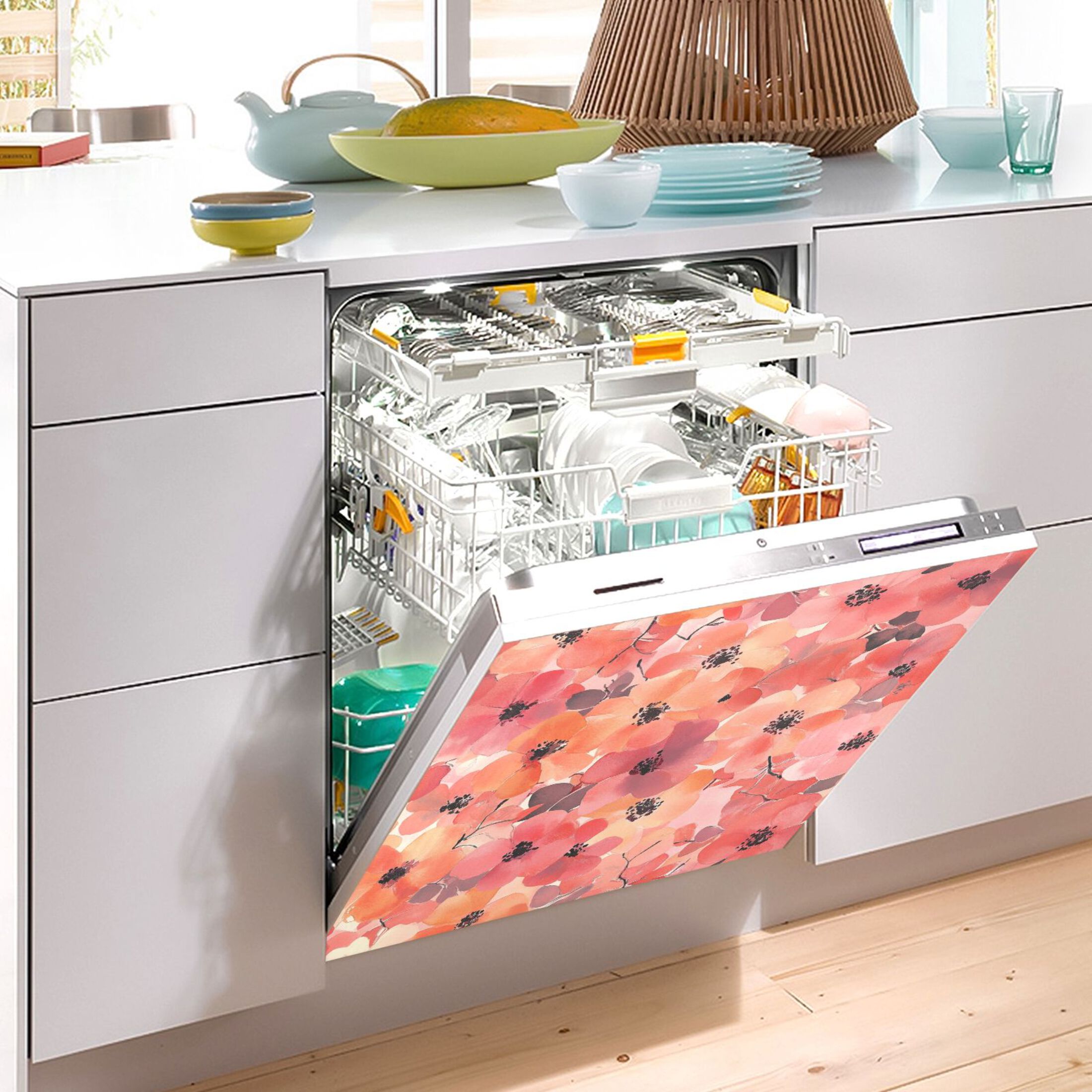 Dishwasher Magnetic Sticker 23x26 Inch Refrigerator Magnetic Sticker Washing Machine Magnetic Sticker Kitchen Panel Magnetic Sticker Home Decor Dark Red Flowers