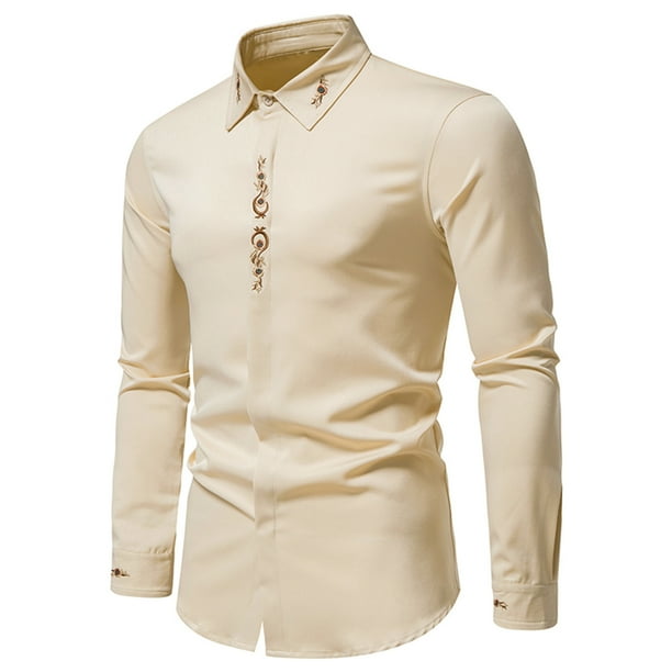 Camisa de solapa bordada de manga larga con cierre de botón de moda sólida informal para hombre Pompotops oipoqjl50419