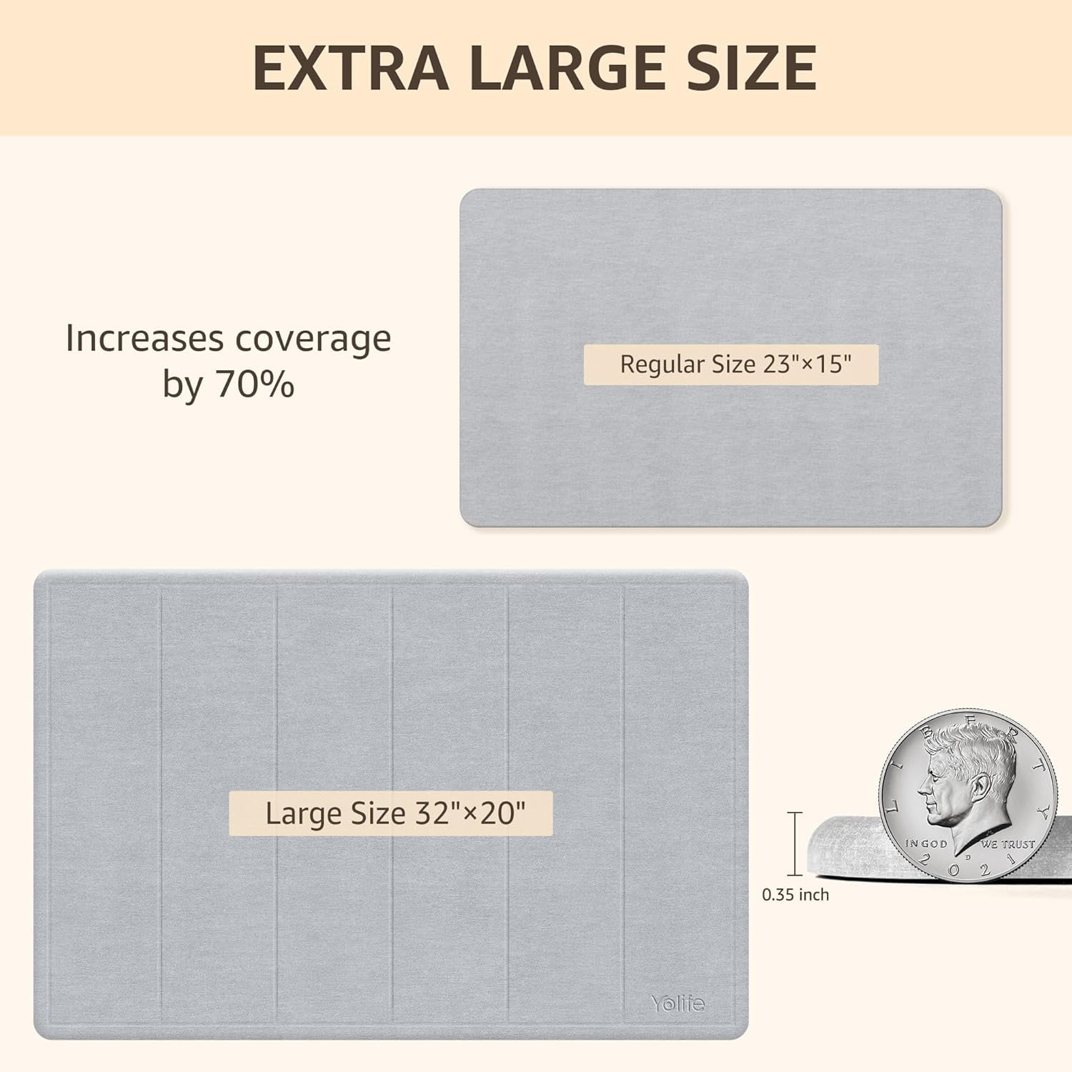 Yolife 32"x20" Diatomite Bath Mat, Super Absorbent Quick-Dry Bathroom Rug, Non-Slip Natural Diatomaceous Earth Mat for Shower, Kitchen, Entryway, Easy to Clean,Light Grey