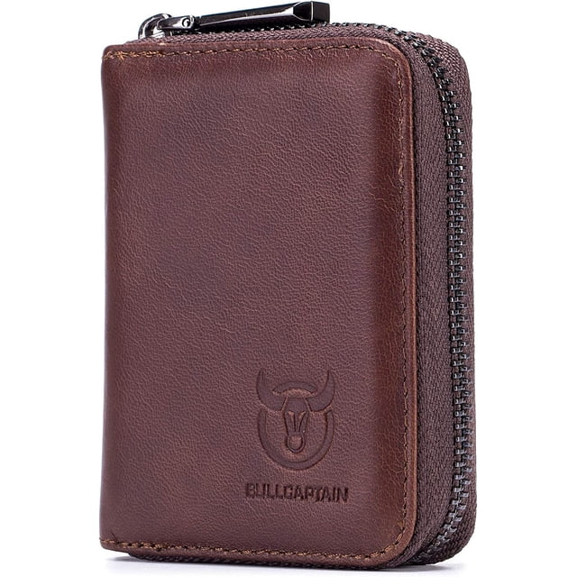 BULLCAPTAIN Cartera con Zíper de Cuero Genuino para Hombre, Tarjetero Compacto con 11 Ranuras para Tarjetas, Estuche de Tarjetas de Cuero Vintage, Marrón