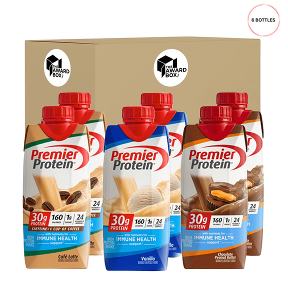 Premier Protein Shakes Chocolate Peanut Butter, Vanilla, Caffe Latte 11 Fl oz- Pack of 6