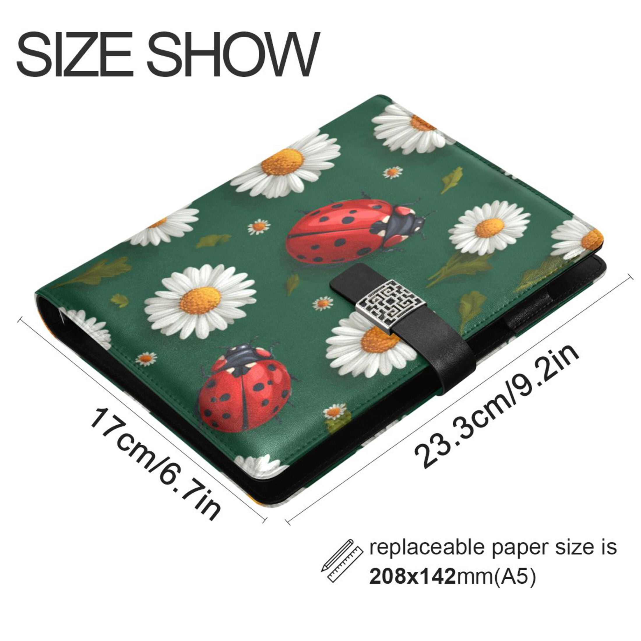 Leather Planner Leather Notebook Notebook Journal Binder Design Pen Pocket Design Convenient for Storage Cute Ladybug White Daisy