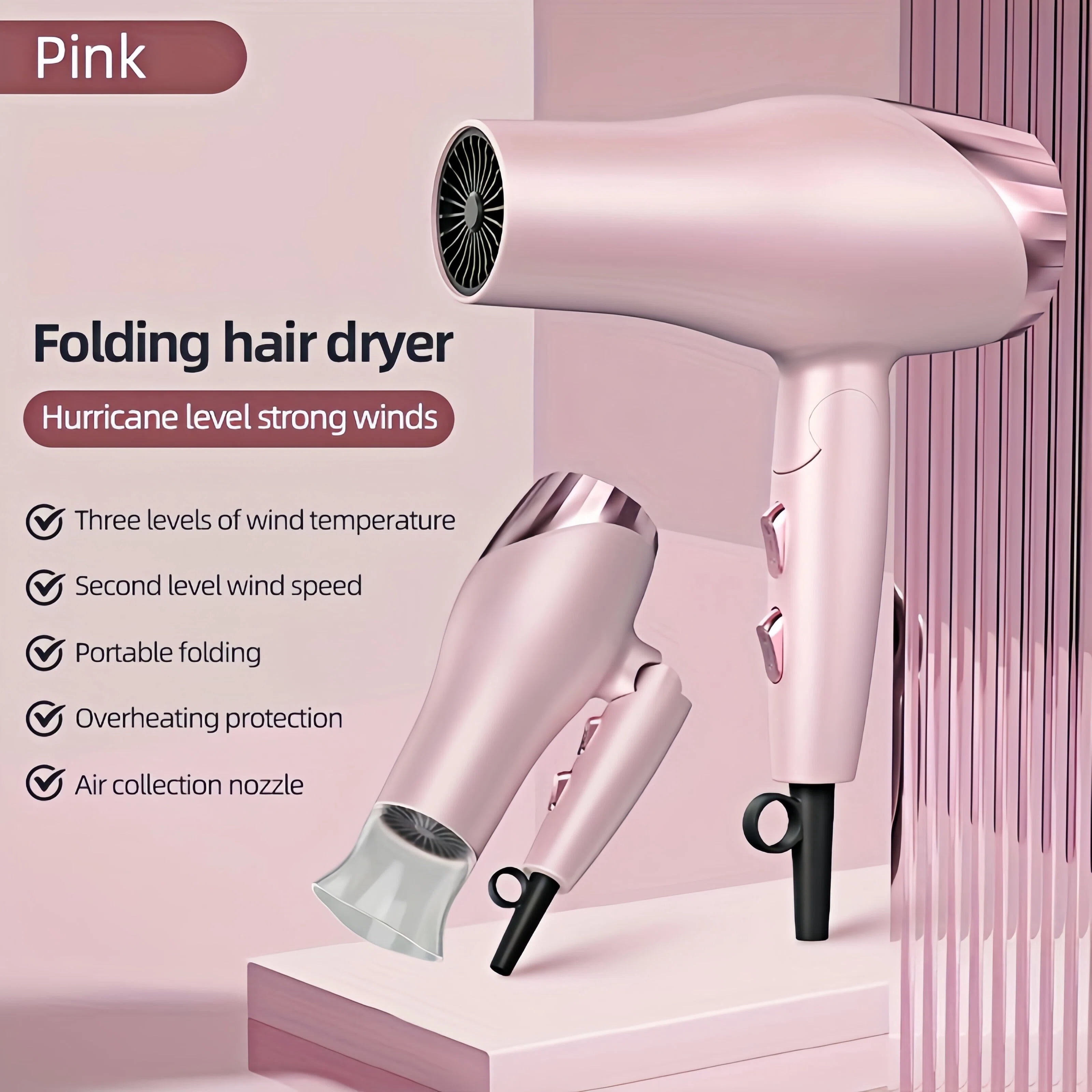 Foldable Hair Dryer with 8 Accessories ，Compact Design for Home and Travel |,Fast Drying Gift Set for Women/Men,Pink