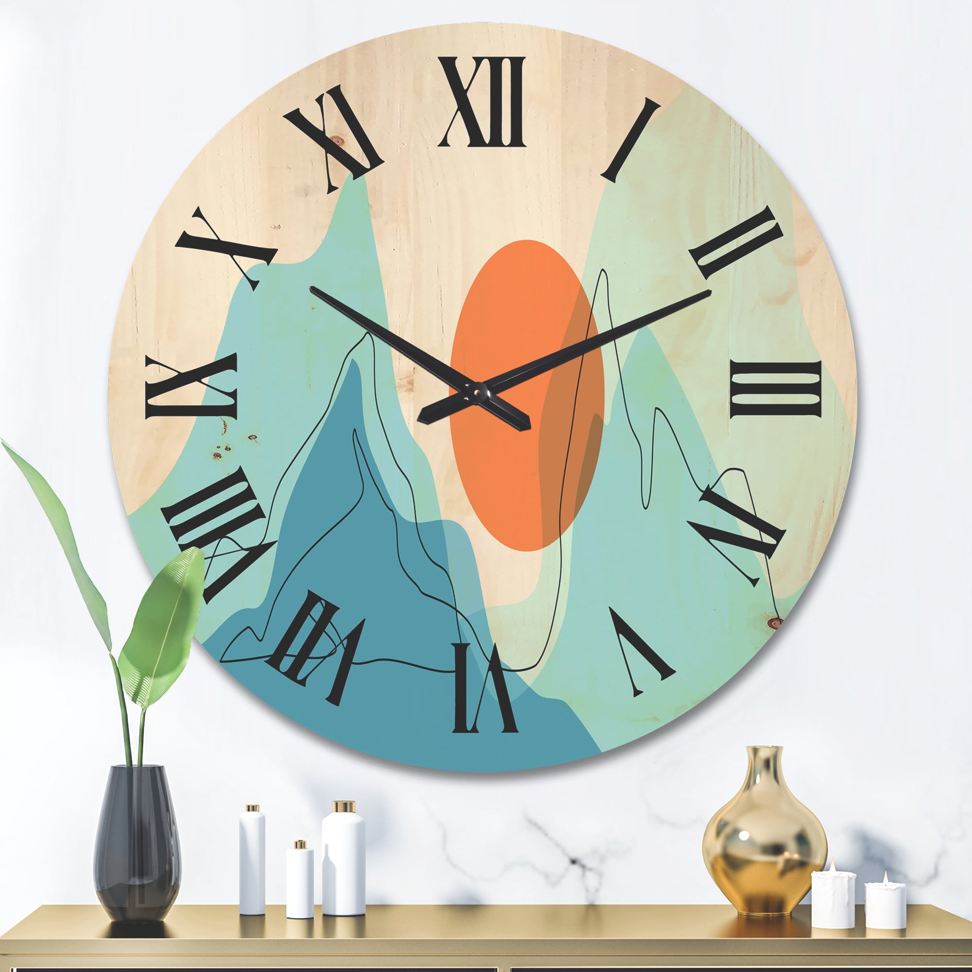 Designart 'Abstract Blue Mountains With Red Moon I' Modern Wood Wall Clock