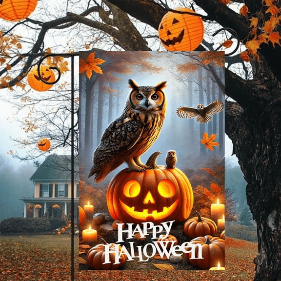 1 piece, double-sided Halloween Garden Flag - 2D flat owl and pumpkin ghost design, courtyard sign, perfect for courtyard, lawn and outdoor decoration, garden decoration, party decoration items, 12x1