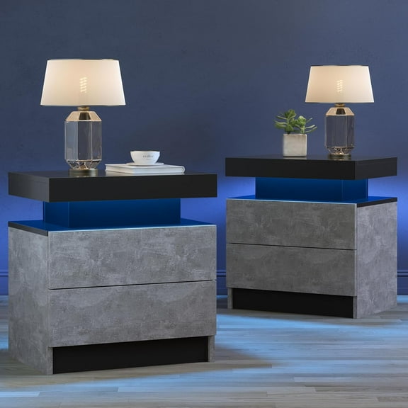 LED Nightstand Set of 2,Modern Night Stand Set 2,Multi-Color LED Light Strip,Slient Slide Drawer,Large Capacity Storage,Small Space Solution,Bedside Table for Bedroom,Grey Black