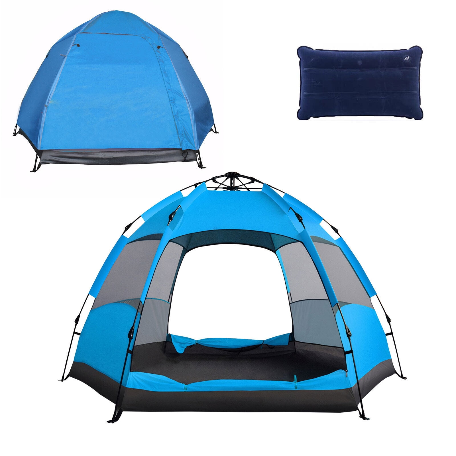 SHANNA Instant Camping Tent Portable Large Pop Up Tent 3-4 Person Dome Family Hexagon Tents Pop up Sun Shade Tent for Outdoor Camping Hiking, Blue Tent +Inflatable pillow