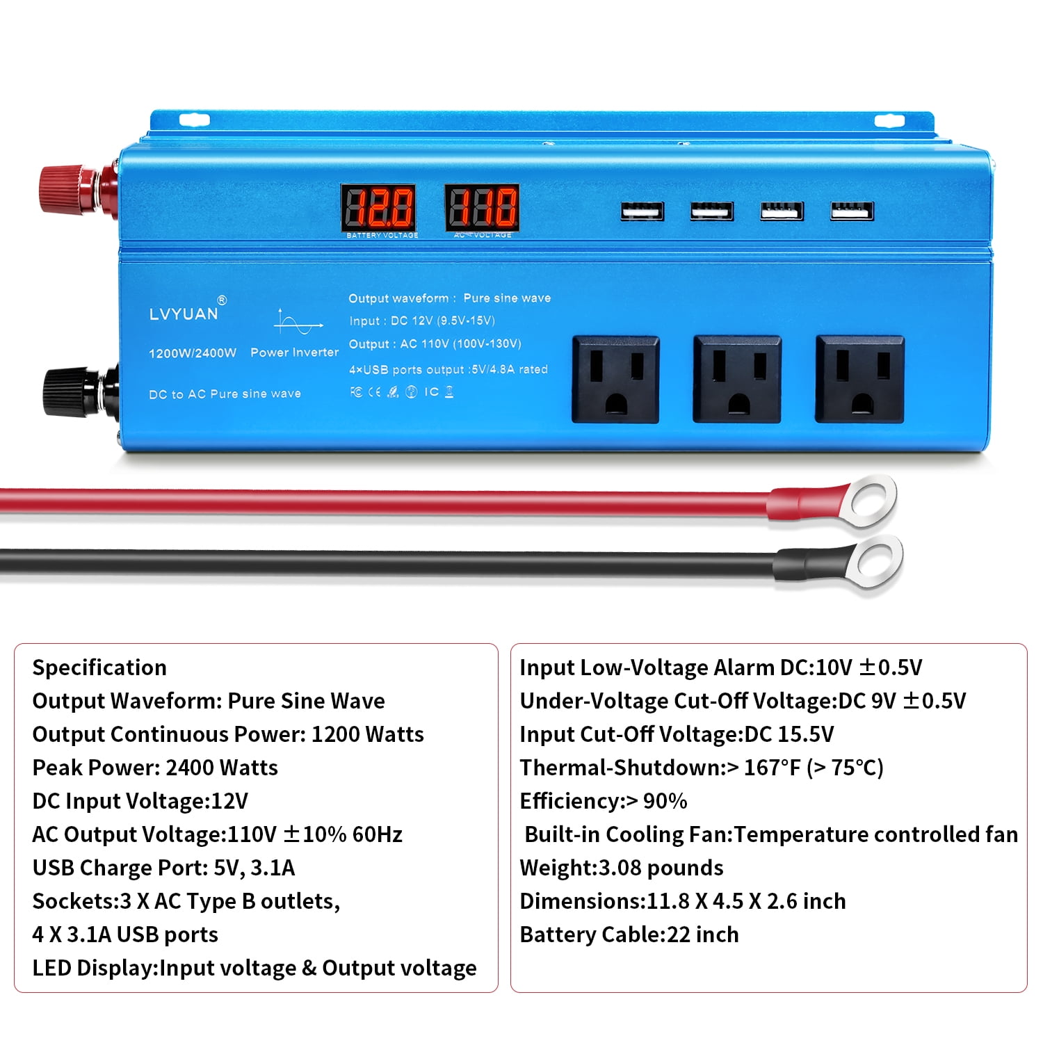 LVYUAN 1200W 2400W Peak Pure Sine Wave Power Inverter 12V to 110V DC to AC Converter with LED Display, 3 US Outlets, 4 USB, Ideal for Vehicles, RVs, Outdoor & Home Use