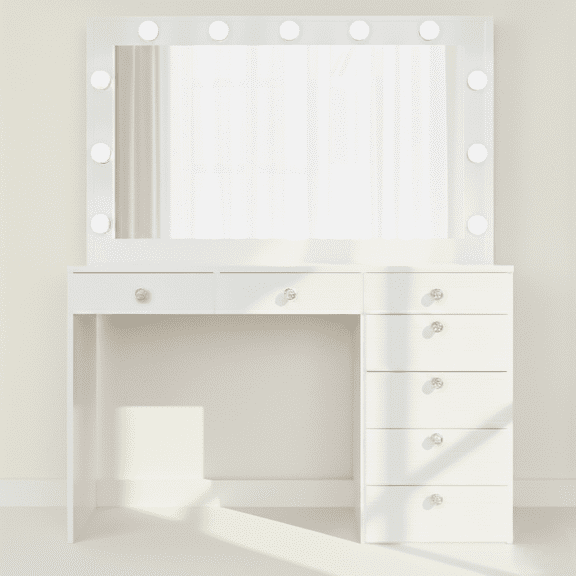 Boahaus Luna Vanity Desk with Mirror Lights and 7 Drawers - Makeup Vanity Table with Power Outlets