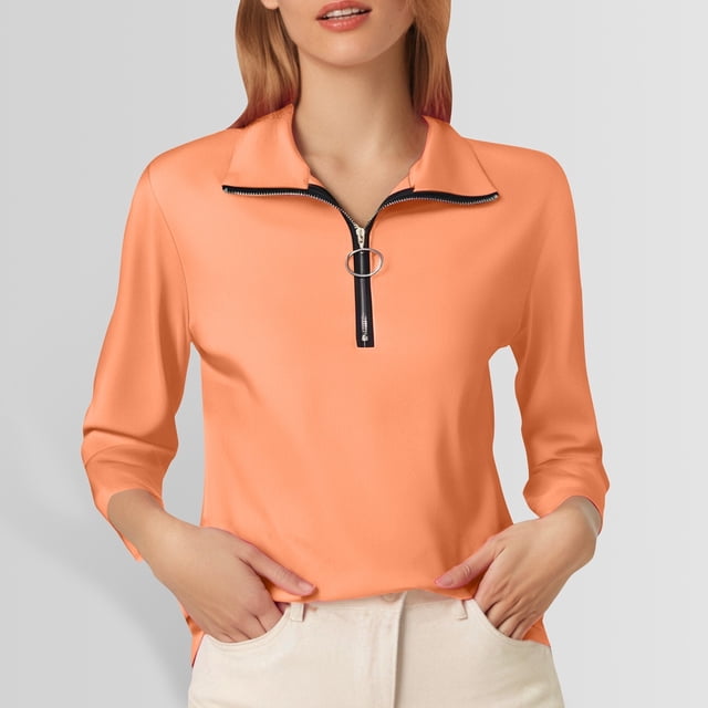 MHFRRA Camiseta de Manga Larga de Color Liso con Media Cremallera, Moderna e Informal, para Mujer Naranja