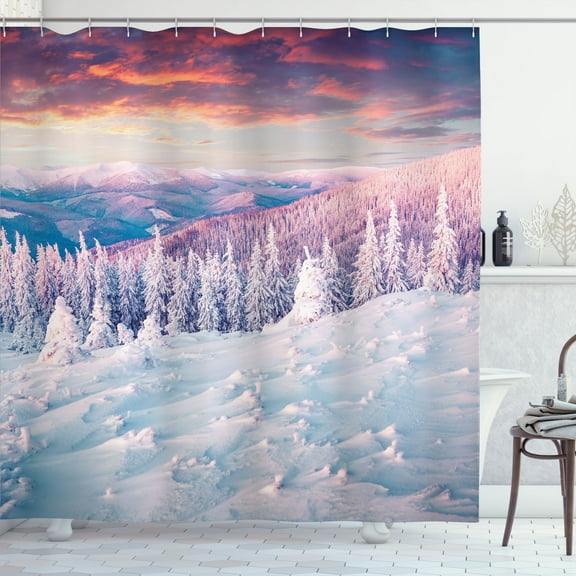 Ambesonne White Shower Curtain, European Snowy Mountain, 69"Wx84"L, White Pink