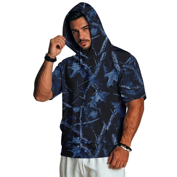 UDAUDU Mens Camo Shirts with Hood Lightweight Breathable Short Sleeve Hoodies Athletic Fall Fashion Tops Blue XL