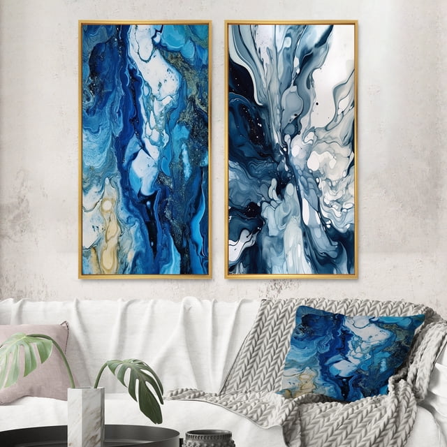 Designart "Blue Grey Ethereal Elixir IX" Abstract Framed Wall Art Set Of 2 - Blue Abstract Frame Gallery Set For Office Decor