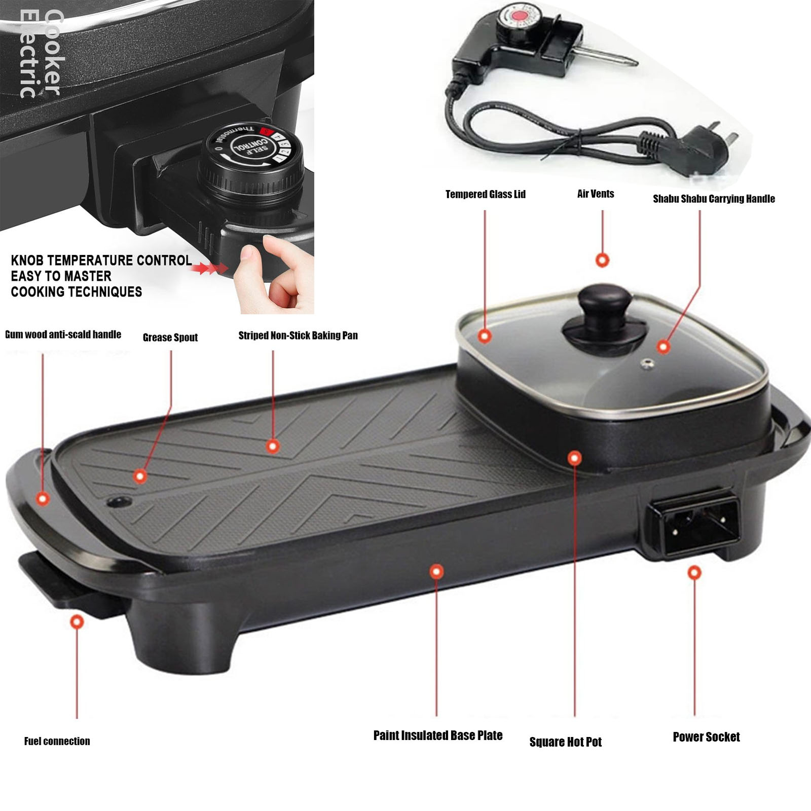 2 in 1 Electric Hot Pot and Grill, 1200W Non-Stick Smokeless Multifunctional Teppanyaki Grill Pot with 5 Temperature Control, Shabu Shabu for Indoor Korean BBQ, Black