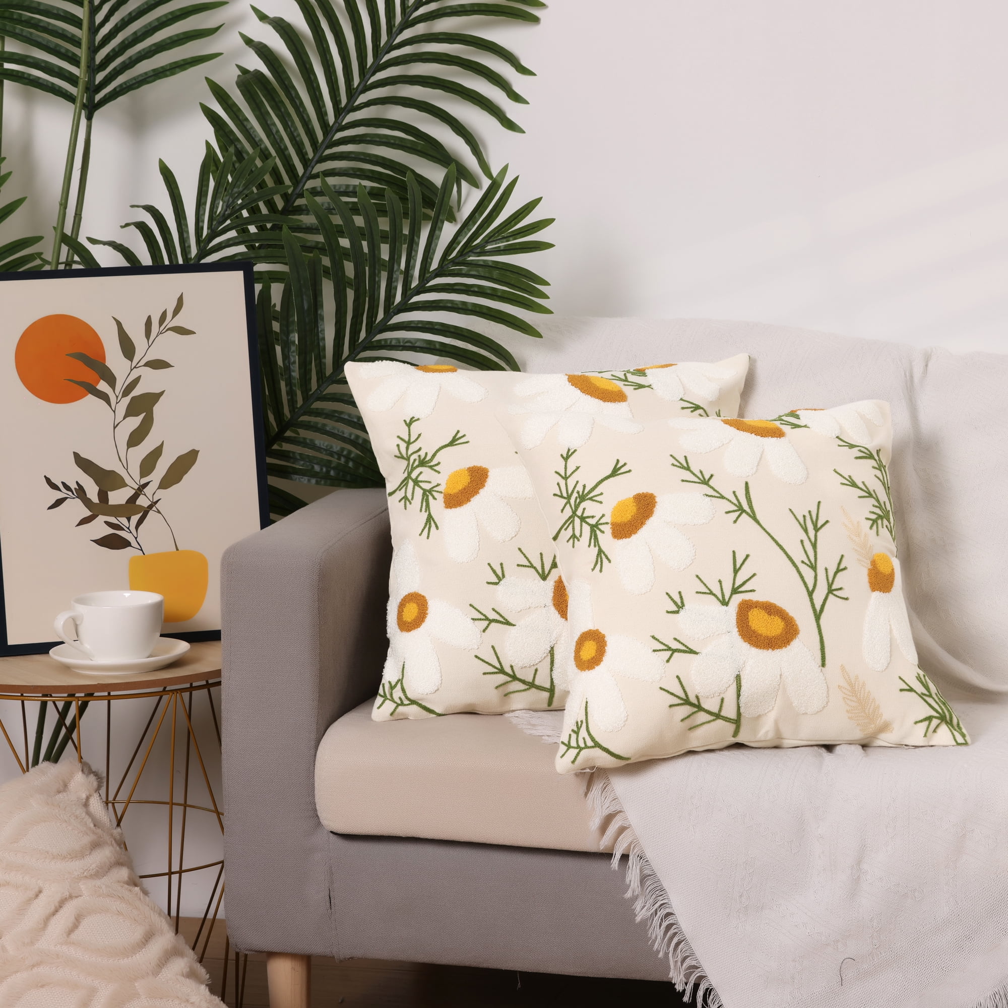 Unique Bargains Cotton Throw Pillow Cover Geometric Floral Cushion Covers (2 Count) Flower 18" x 18"