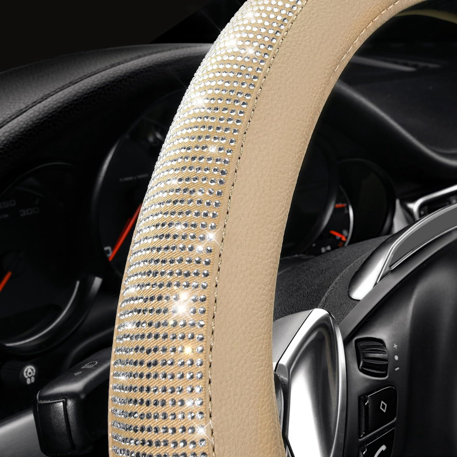 Bling Diamond Leather Steering Wheel Cover, with Sparkly Crystal Glitter Rhinestones Universal Fit 14"1/2-15" Car Wheel Protector for Women Fit Suvs, Vans, Sedans, Car, Trucks