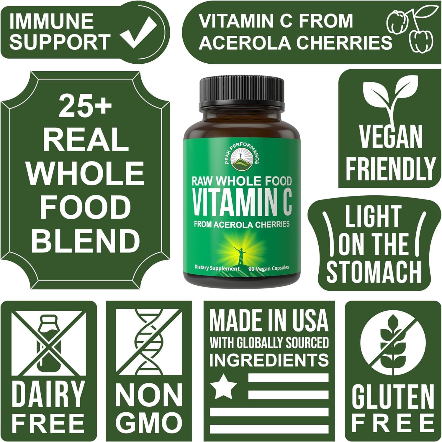 Peak Performance Raw Whole Food Natural Vitamin C Capsules from Acerola Cherry for Max Absorption. Vegan USA Sourced Vitamin C Supplement 90 Pills. 500 mg Serving or 2 Servings 1000mg